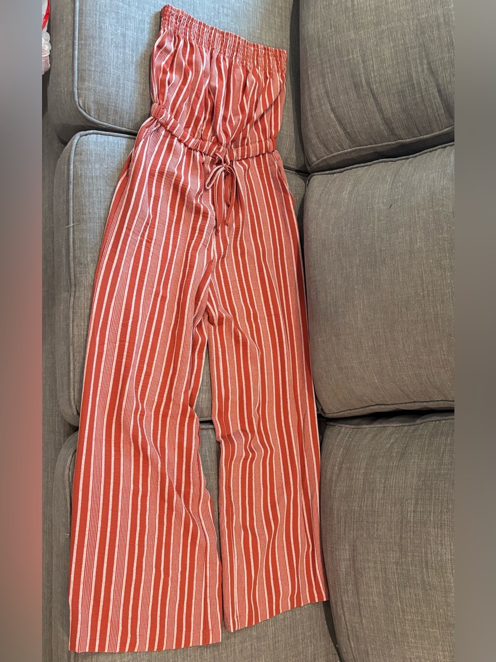 Striped Wide-Leg Strapless Jumpsuit in Rust